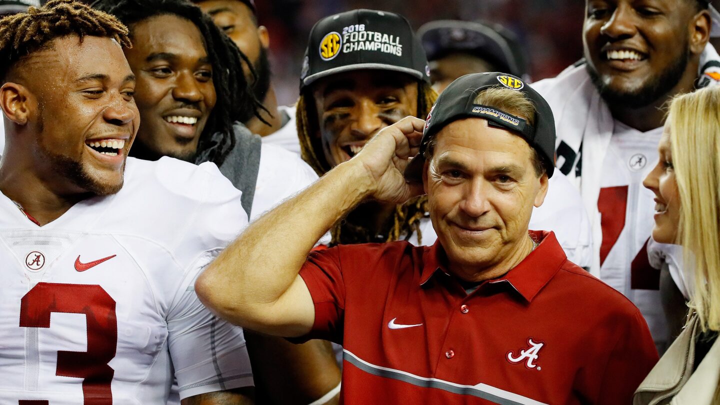 alabama football coach nick saban winning the 2015 SEC championship