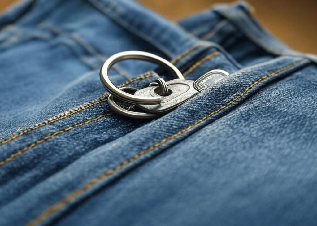 Blue jeans with a key ring going onto the button
