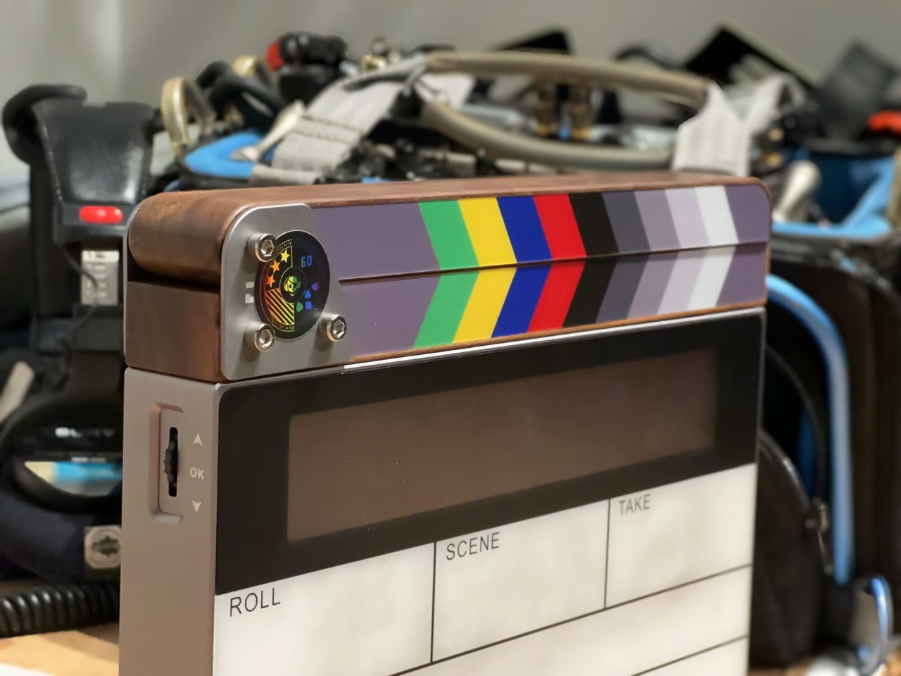 a film clapper board with a camera and a camera