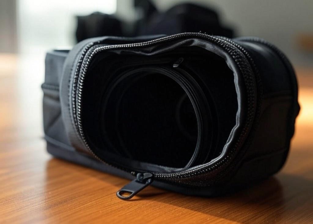 Broken zipper on a camera lens and a camera bag